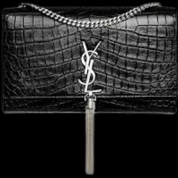 YSL Crocodile Kate Bag Black Croc-Embossed Tassel Clutch Chain Strap - Picture 2 of 7
